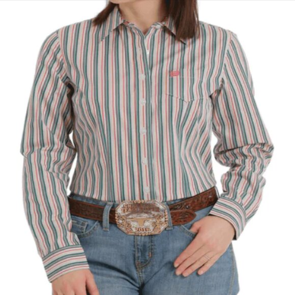 Cinch Womens XL Green Stripe Long Sleeve Western Button Down Shirt Cowgirl Rodeo - Picture 1 of 7